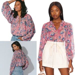 Cleobella Emily top pink floral lotus print size small sheer peasant boho fairy